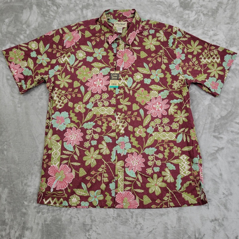 Cooke Street XL Hawaiian Shirt Dark Red Pink Green Hibiscus Floral Print (NWT)